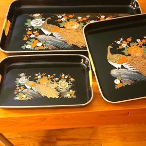 Vintage Japonise set of 3 metal trays with a design of the fairy tale garden.